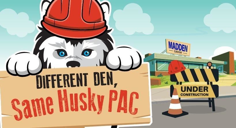 Detailed view of Husky with a hardhat campus relocation highlighting important aspects